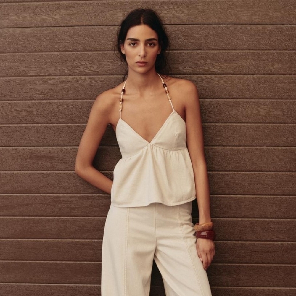 NWT Zara Beaded Denim Halter Top In Cream - XL